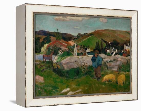 Peasants, Pigs, and a Village Under a Clear Sky, Landscape in Brittany, France, 1888-Paul Gauguin-Framed Premier Image Canvas