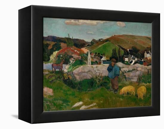 Peasants, Pigs, and a Village Under a Clear Sky, Landscape in Brittany, France, 1888-Paul Gauguin-Framed Premier Image Canvas