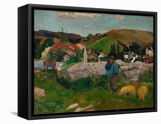 Peasants, Pigs, and a Village Under a Clear Sky, Landscape in Brittany, France, 1888-Paul Gauguin-Framed Premier Image Canvas