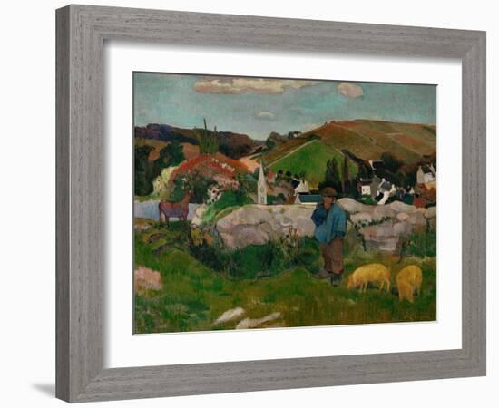 Peasants, Pigs, and a Village Under a Clear Sky, Landscape in Brittany, France, 1888-Paul Gauguin-Framed Giclee Print