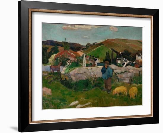 Peasants, Pigs, and a Village Under a Clear Sky, Landscape in Brittany, France, 1888-Paul Gauguin-Framed Giclee Print