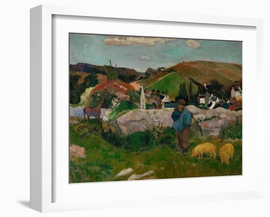 Peasants, Pigs, and a Village Under a Clear Sky, Landscape in Brittany, France, 1888-Paul Gauguin-Framed Giclee Print