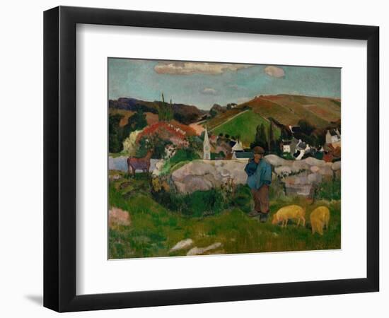 Peasants, Pigs, and a Village Under a Clear Sky, Landscape in Brittany, France, 1888-Paul Gauguin-Framed Giclee Print