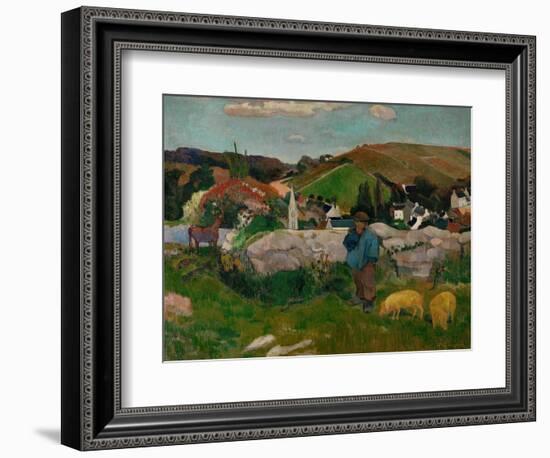 Peasants, Pigs, and a Village Under a Clear Sky, Landscape in Brittany, France, 1888-Paul Gauguin-Framed Giclee Print