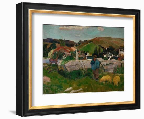 Peasants, Pigs, and a Village Under a Clear Sky, Landscape in Brittany, France, 1888-Paul Gauguin-Framed Giclee Print