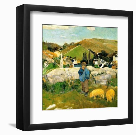 Peasants, Pigs and a Village under the Clear Sky in Brittany, France-Paul Gauguin-Framed Giclee Print