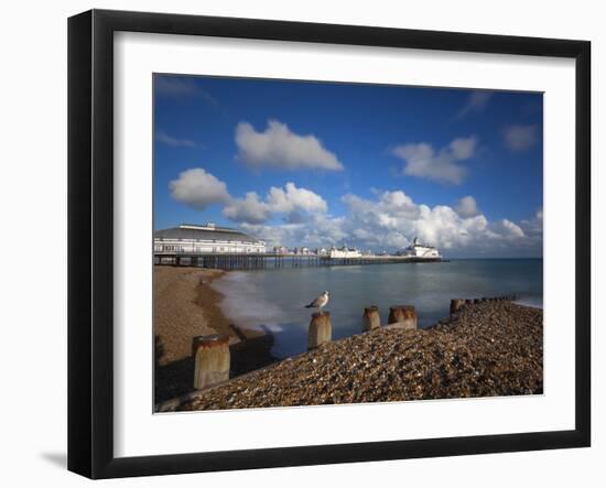 Pebble Beach and Pier, Eastbourne, East Sussex, England-Stuart Black-Framed Photographic Print