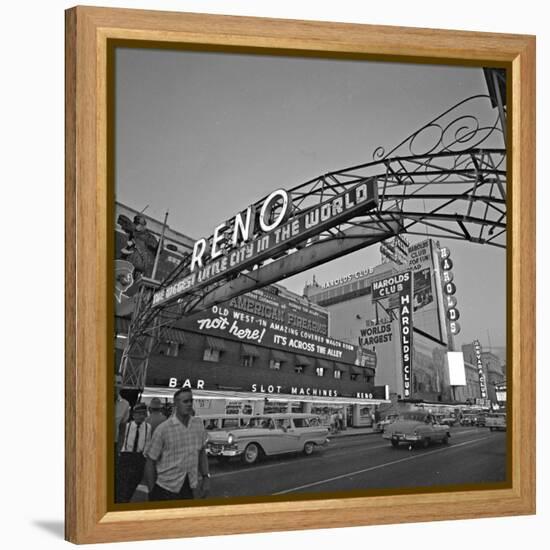 Pedestrians Cross Virginia Street as the Arch That Proclaims Reno: the Biggest Little City-null-Framed Premier Image Canvas