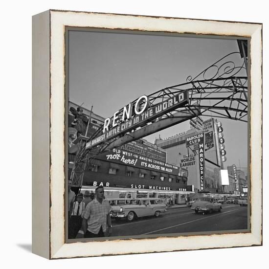 Pedestrians Cross Virginia Street as the Arch That Proclaims Reno: the Biggest Little City-null-Framed Premier Image Canvas