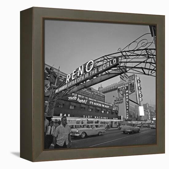 Pedestrians Cross Virginia Street as the Arch That Proclaims Reno: the Biggest Little City-null-Framed Premier Image Canvas