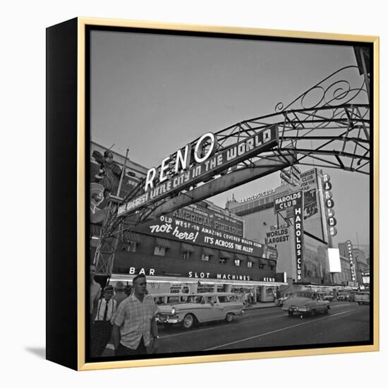 Pedestrians Cross Virginia Street as the Arch That Proclaims Reno: the Biggest Little City-null-Framed Premier Image Canvas