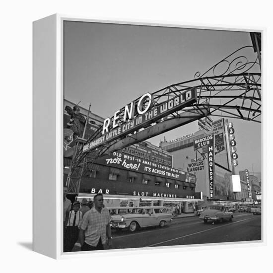 Pedestrians Cross Virginia Street as the Arch That Proclaims Reno: the Biggest Little City-null-Framed Premier Image Canvas