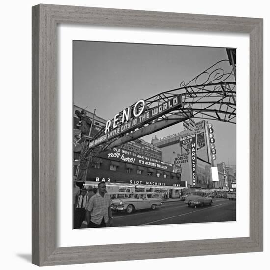 Pedestrians Cross Virginia Street as the Arch That Proclaims Reno: the Biggest Little City-null-Framed Photographic Print