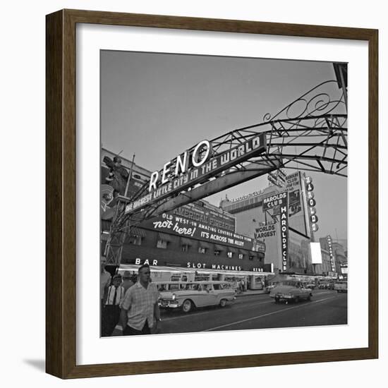 Pedestrians Cross Virginia Street as the Arch That Proclaims Reno: the Biggest Little City-null-Framed Photographic Print