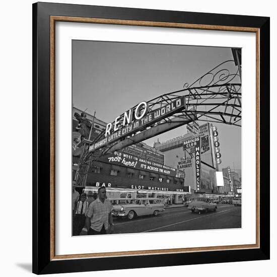 Pedestrians Cross Virginia Street as the Arch That Proclaims Reno: the Biggest Little City-null-Framed Photographic Print