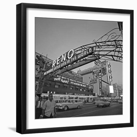 Pedestrians Cross Virginia Street as the Arch That Proclaims Reno: the Biggest Little City-null-Framed Photographic Print