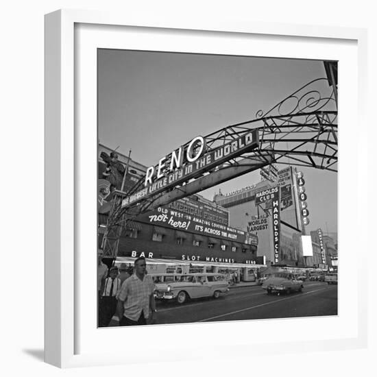 Pedestrians Cross Virginia Street as the Arch That Proclaims Reno: the Biggest Little City-null-Framed Photographic Print