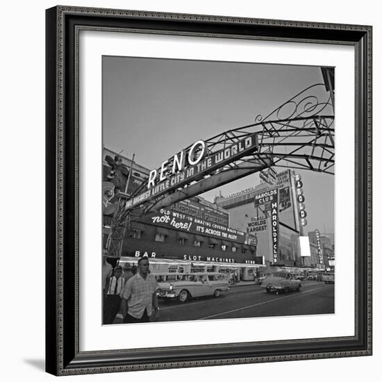 Pedestrians Cross Virginia Street as the Arch That Proclaims Reno: the Biggest Little City-null-Framed Photographic Print