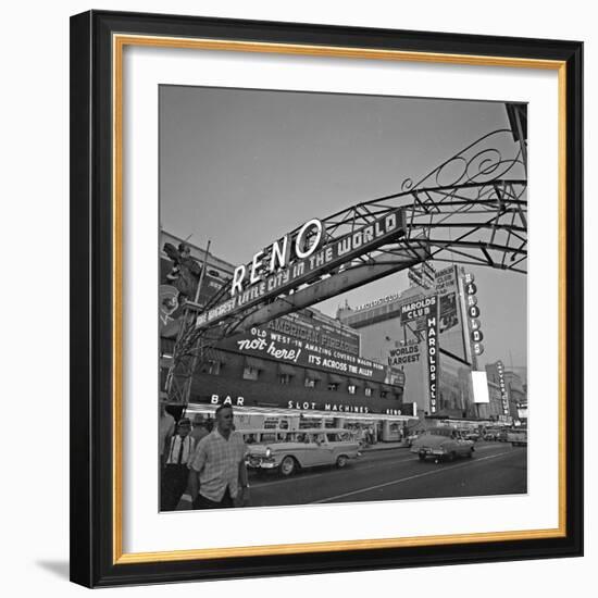 Pedestrians Cross Virginia Street as the Arch That Proclaims Reno: the Biggest Little City-null-Framed Photographic Print