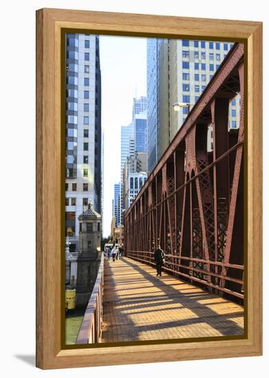 Pedestrians Crossing a Bridge over the Chicago River, Chicago, Illinois, United States of America-Amanda Hall-Framed Premier Image Canvas