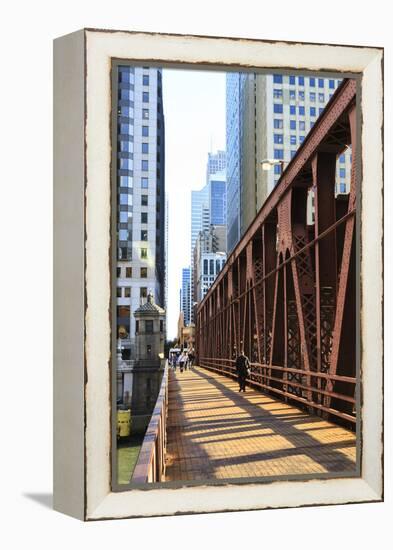 Pedestrians Crossing a Bridge over the Chicago River, Chicago, Illinois, United States of America-Amanda Hall-Framed Premier Image Canvas