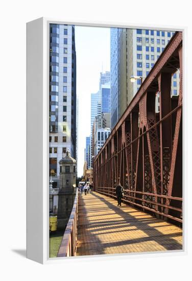 Pedestrians Crossing a Bridge over the Chicago River, Chicago, Illinois, United States of America-Amanda Hall-Framed Premier Image Canvas