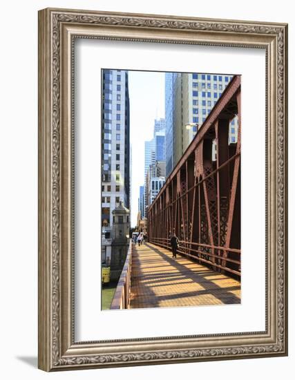 Pedestrians Crossing a Bridge over the Chicago River, Chicago, Illinois, United States of America-Amanda Hall-Framed Photographic Print