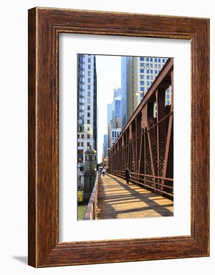 Pedestrians Crossing a Bridge over the Chicago River, Chicago, Illinois, United States of America-Amanda Hall-Framed Photographic Print