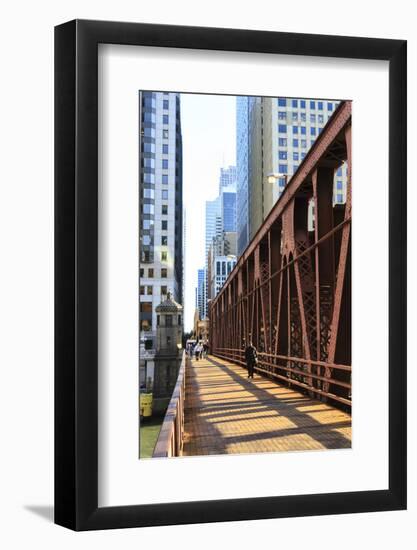 Pedestrians Crossing a Bridge over the Chicago River, Chicago, Illinois, United States of America-Amanda Hall-Framed Photographic Print