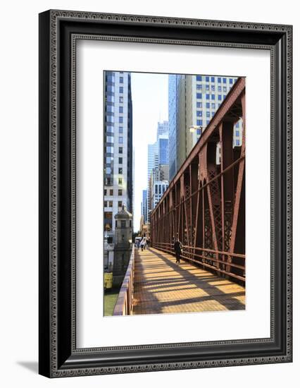 Pedestrians Crossing a Bridge over the Chicago River, Chicago, Illinois, United States of America-Amanda Hall-Framed Photographic Print
