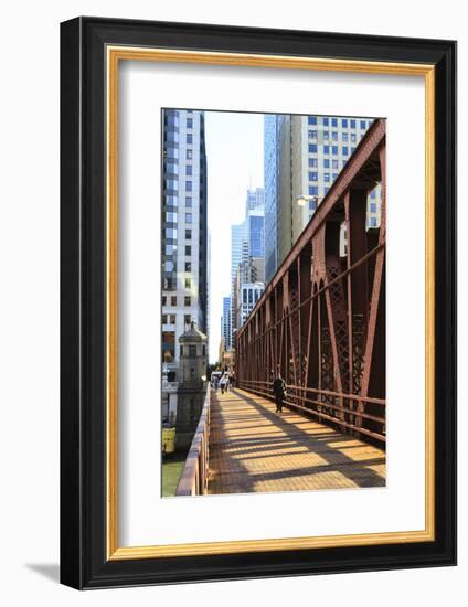 Pedestrians Crossing a Bridge over the Chicago River, Chicago, Illinois, United States of America-Amanda Hall-Framed Photographic Print