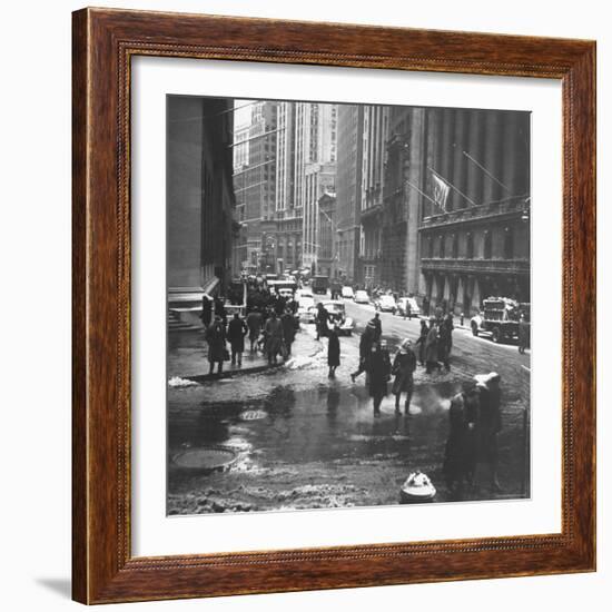 Pedestrians Crossing Slushy Intersection at Wall Street-Walker Evans-Framed Photographic Print