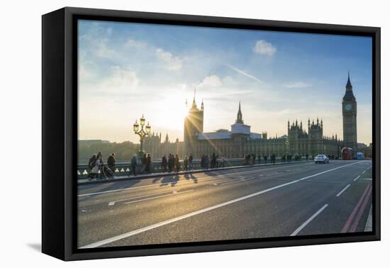 Pedestrians on Westminster Bridge with Houses of Parliament and Big Ben at sunset, London, England,-Fraser Hall-Framed Premier Image Canvas