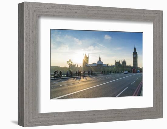 Pedestrians on Westminster Bridge with Houses of Parliament and Big Ben at sunset, London, England,-Fraser Hall-Framed Photographic Print