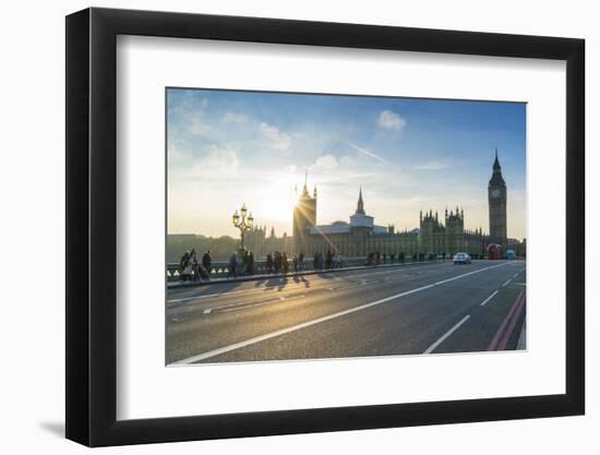 Pedestrians on Westminster Bridge with Houses of Parliament and Big Ben at sunset, London, England,-Fraser Hall-Framed Photographic Print