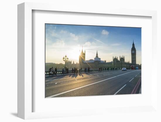 Pedestrians on Westminster Bridge with Houses of Parliament and Big Ben at sunset, London, England,-Fraser Hall-Framed Photographic Print