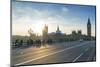 Pedestrians on Westminster Bridge with Houses of Parliament and Big Ben at sunset, London, England,-Fraser Hall-Mounted Photographic Print