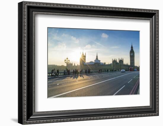 Pedestrians on Westminster Bridge with Houses of Parliament and Big Ben at sunset, London, England,-Fraser Hall-Framed Photographic Print