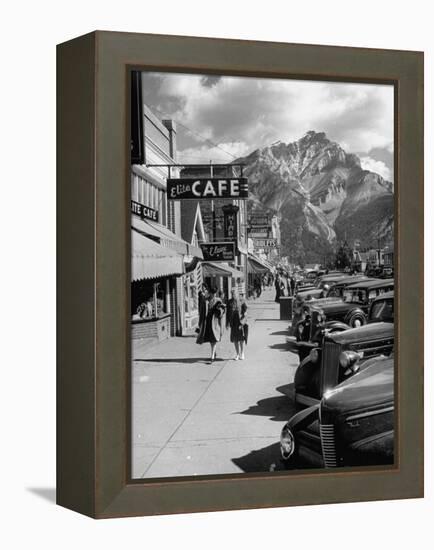 Pedestrians Walking Along Main Street in Resort Town with Cascade Mountain in the Background-Andreas Feininger-Framed Premier Image Canvas