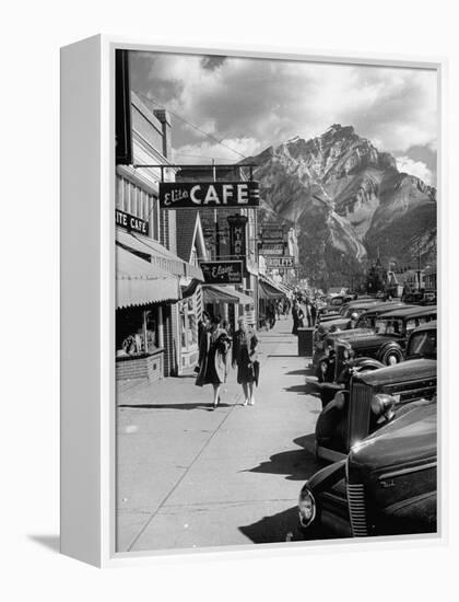 Pedestrians Walking Along Main Street in Resort Town with Cascade Mountain in the Background-Andreas Feininger-Framed Premier Image Canvas