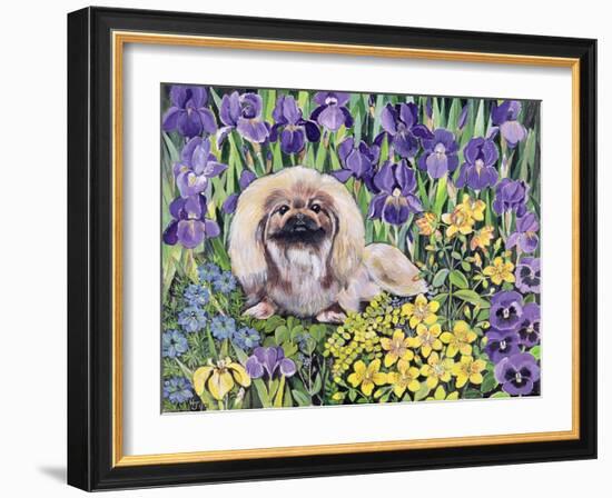 Peke in the Flower Bed-Hilary Jones-Framed Giclee Print