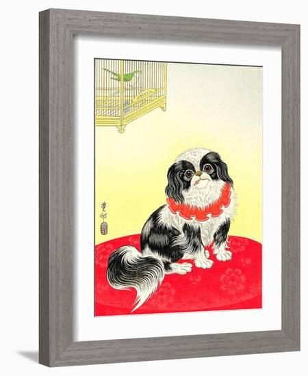 Pekingese Dog and Bush Warbler-Koson Ohara-Framed Giclee Print