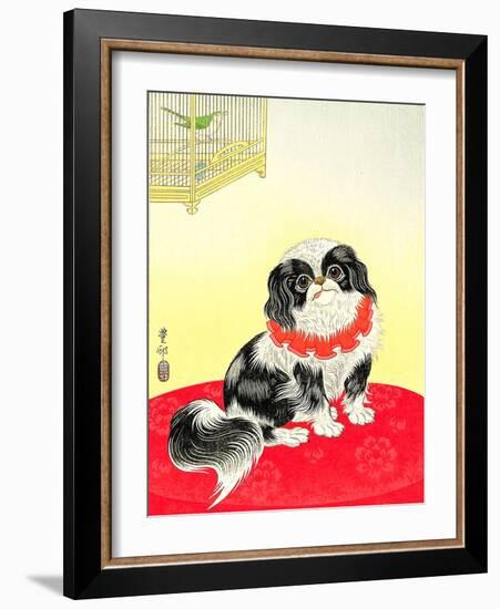 Pekingese Dog and Bush Warbler-Koson Ohara-Framed Giclee Print