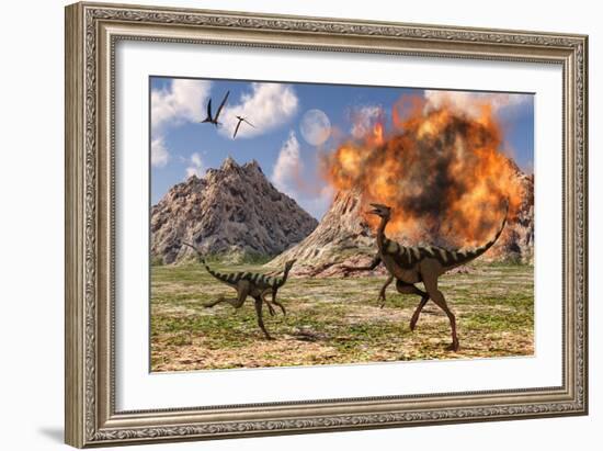 Pelecanimimus Dinosaurs Fleeing from a Volcanic Eruption-null-Framed Art Print