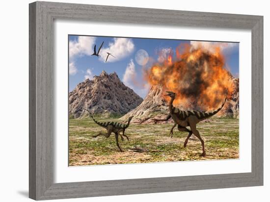 Pelecanimimus Dinosaurs Fleeing from a Volcanic Eruption-null-Framed Art Print