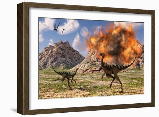 Pelecanimimus Dinosaurs Fleeing from a Volcanic Eruption-null-Framed Art Print