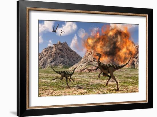 Pelecanimimus Dinosaurs Fleeing from a Volcanic Eruption-null-Framed Art Print