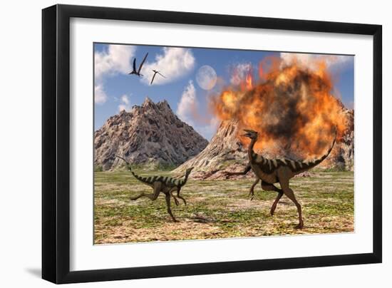 Pelecanimimus Dinosaurs Fleeing from a Volcanic Eruption-null-Framed Art Print