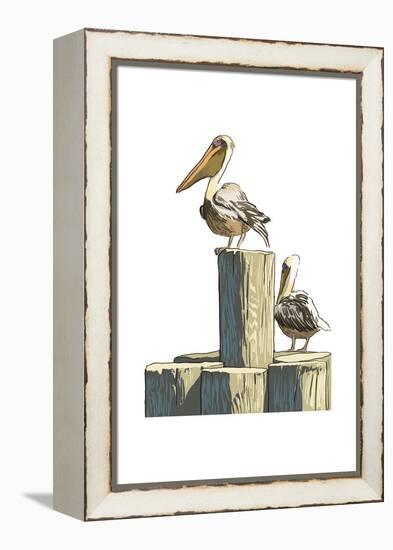 Pelican and Pilings - Icon-Lantern Press-Framed Stretched Canvas