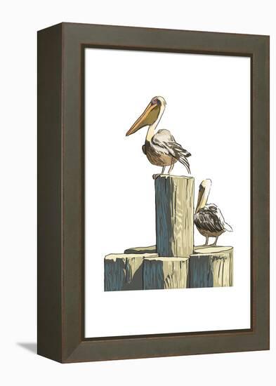 Pelican and Pilings - Icon-Lantern Press-Framed Stretched Canvas